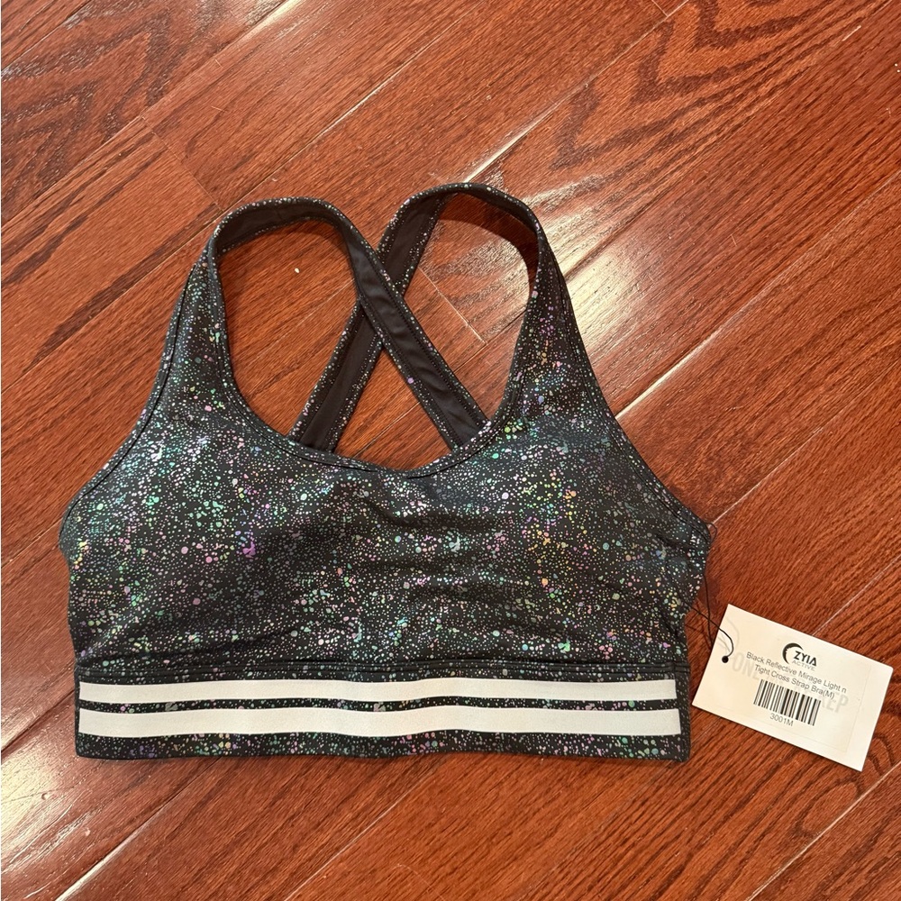 Zyia Black Reflective Mirage Light N Tight Sports Bra NWT